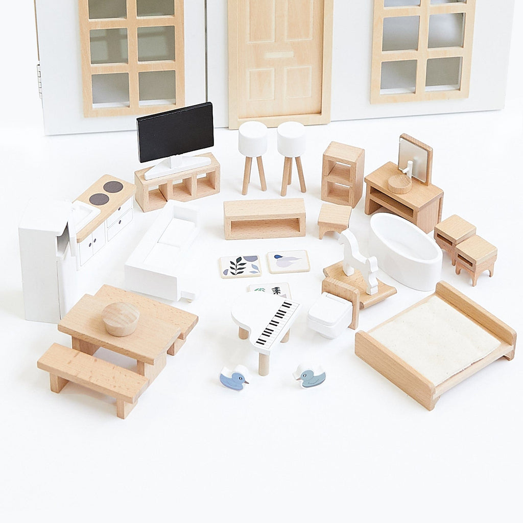 Doll House with Furniture & Doll Family Set