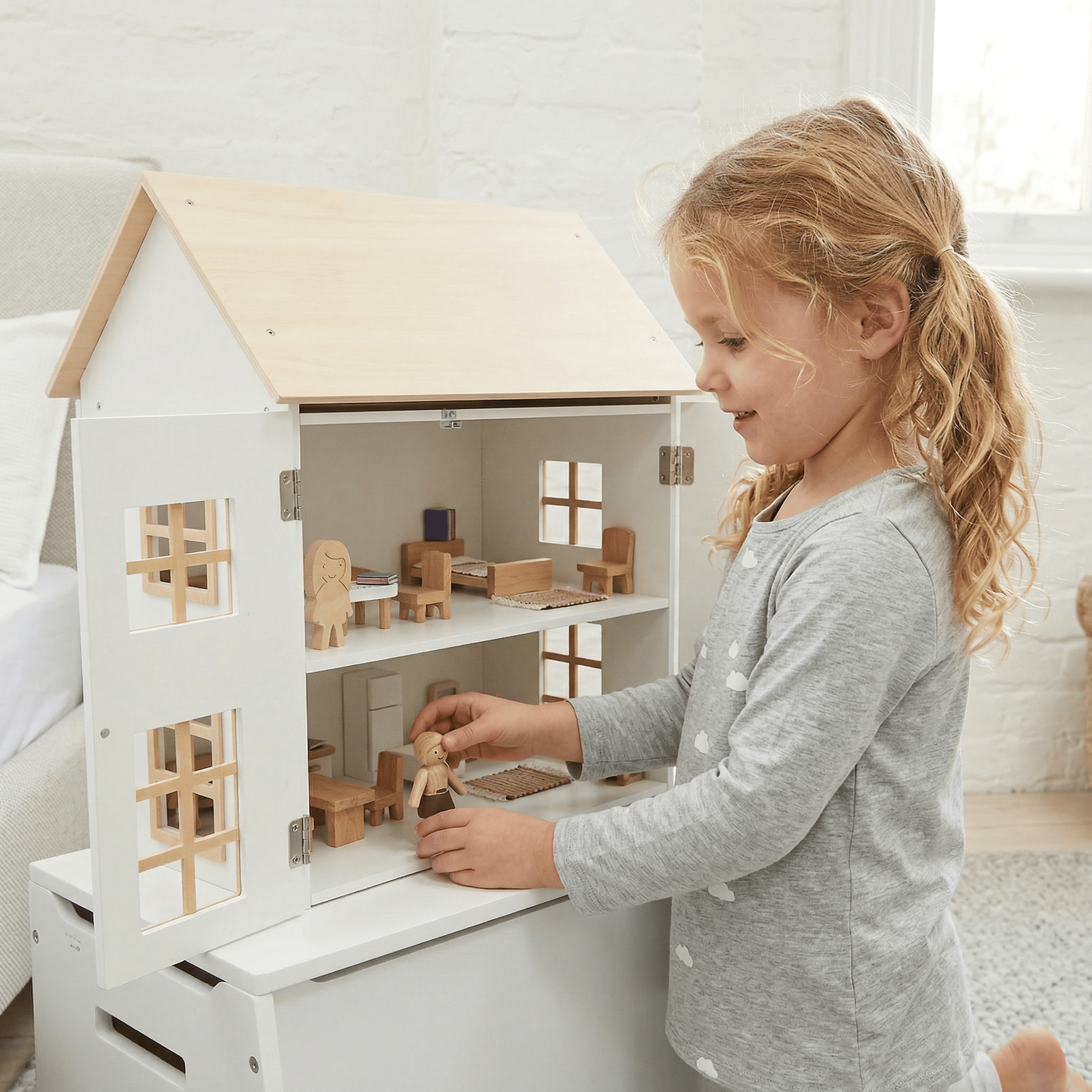 Doll House with Furniture & Doll Family Set