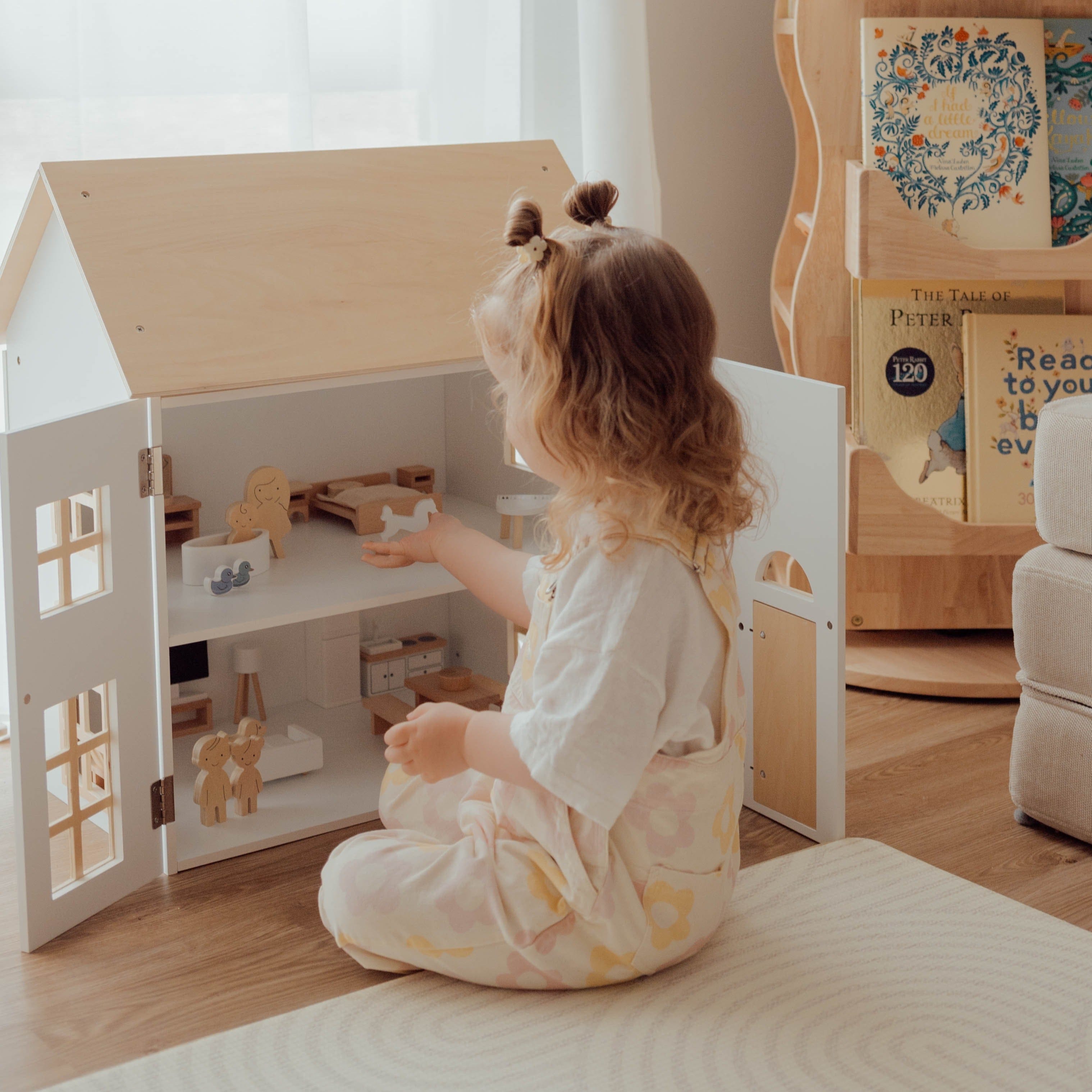 Doll House with Furniture & Doll Family Set