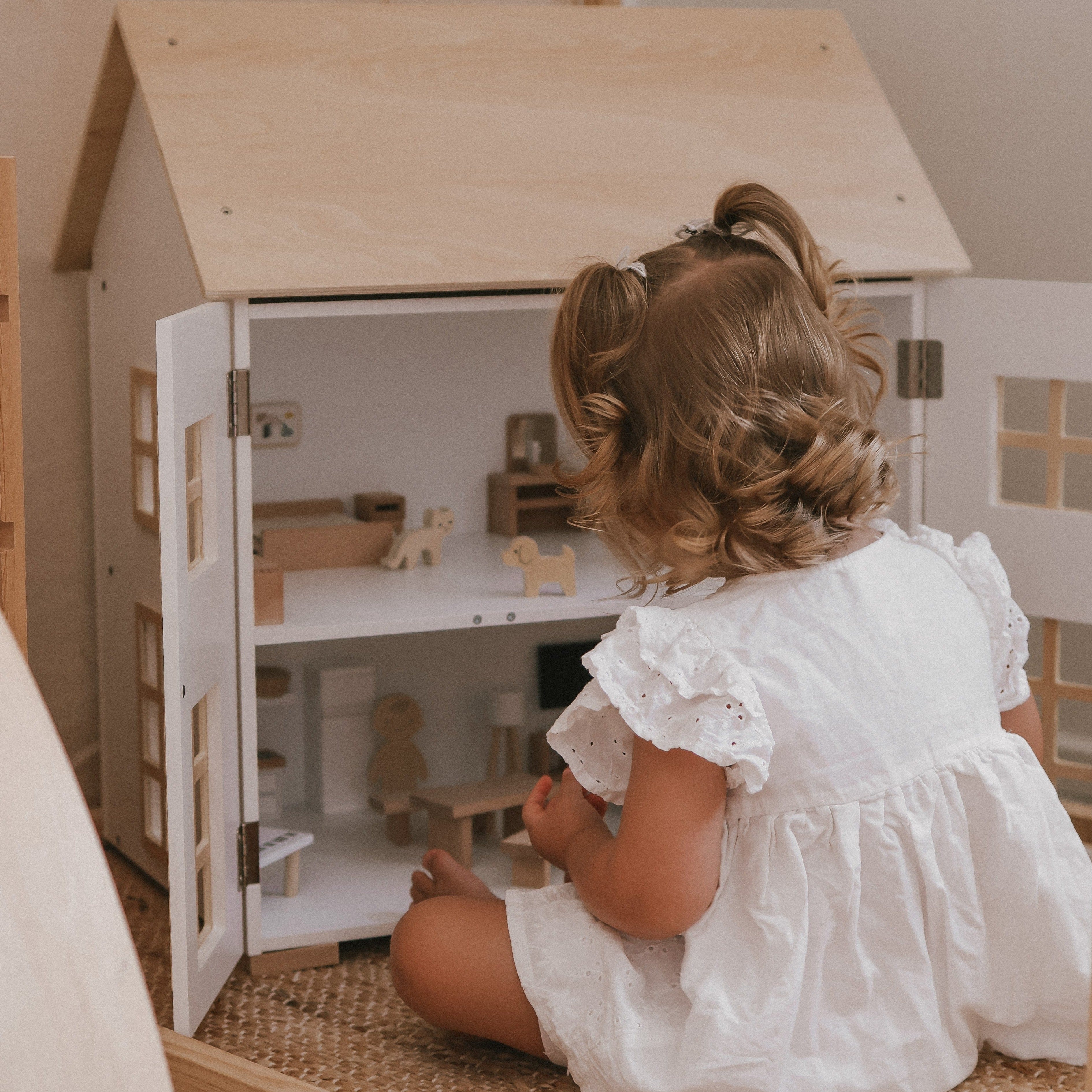 Doll House with Furniture & Doll Family Set