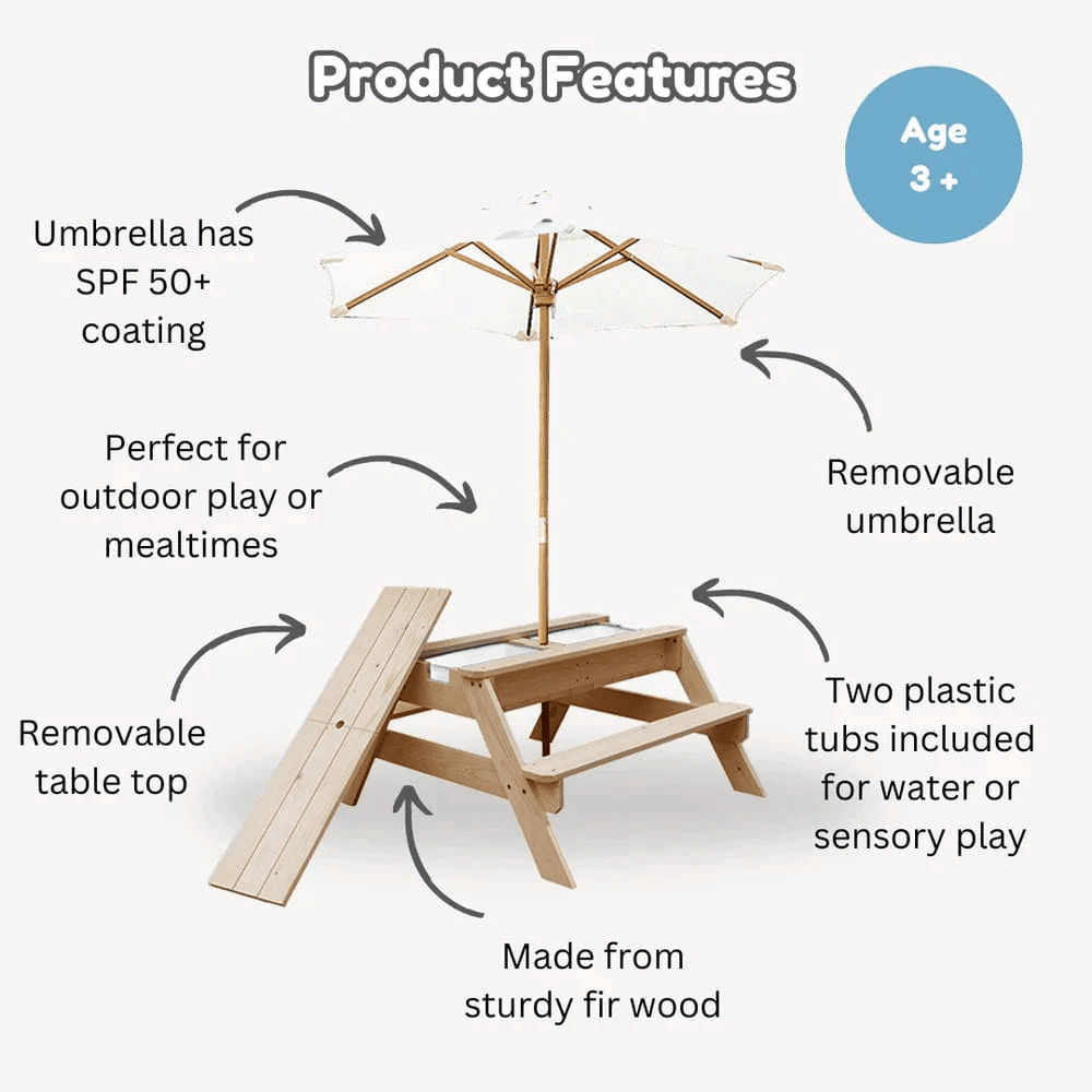 Kids Sand Water / Picnic Table with Umbrella White - Preorder
